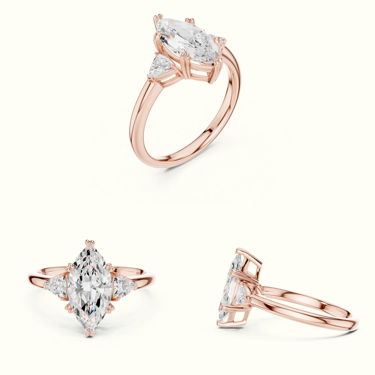 Marquise Basket Set Lab-Grown Diamond Three Stone Ring — Rose gold, on the hand | Crystal N Cuts