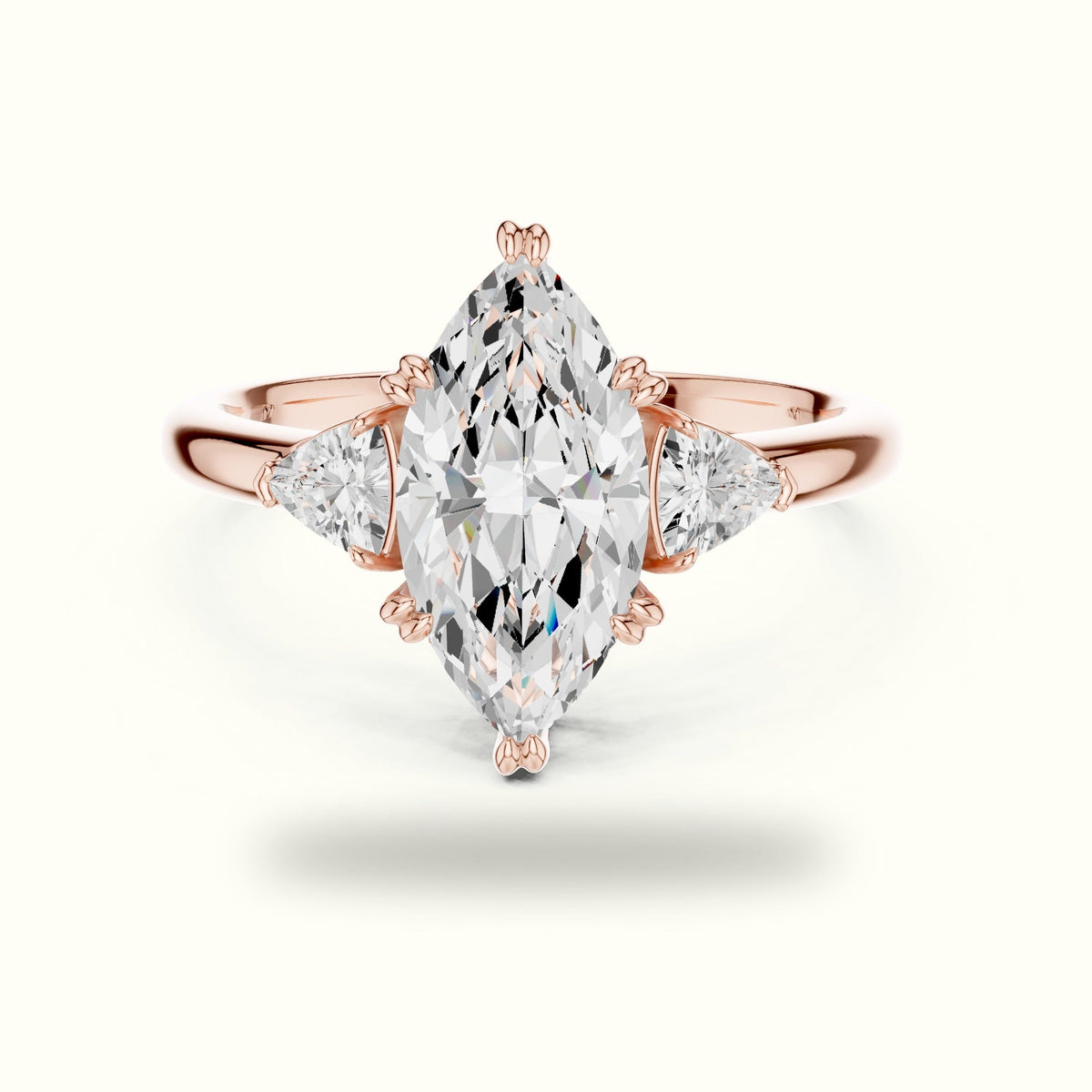 Marquise Basket Set Lab-Grown Diamond Three Stone Ring — Rose gold, front view | Crystal N Cuts