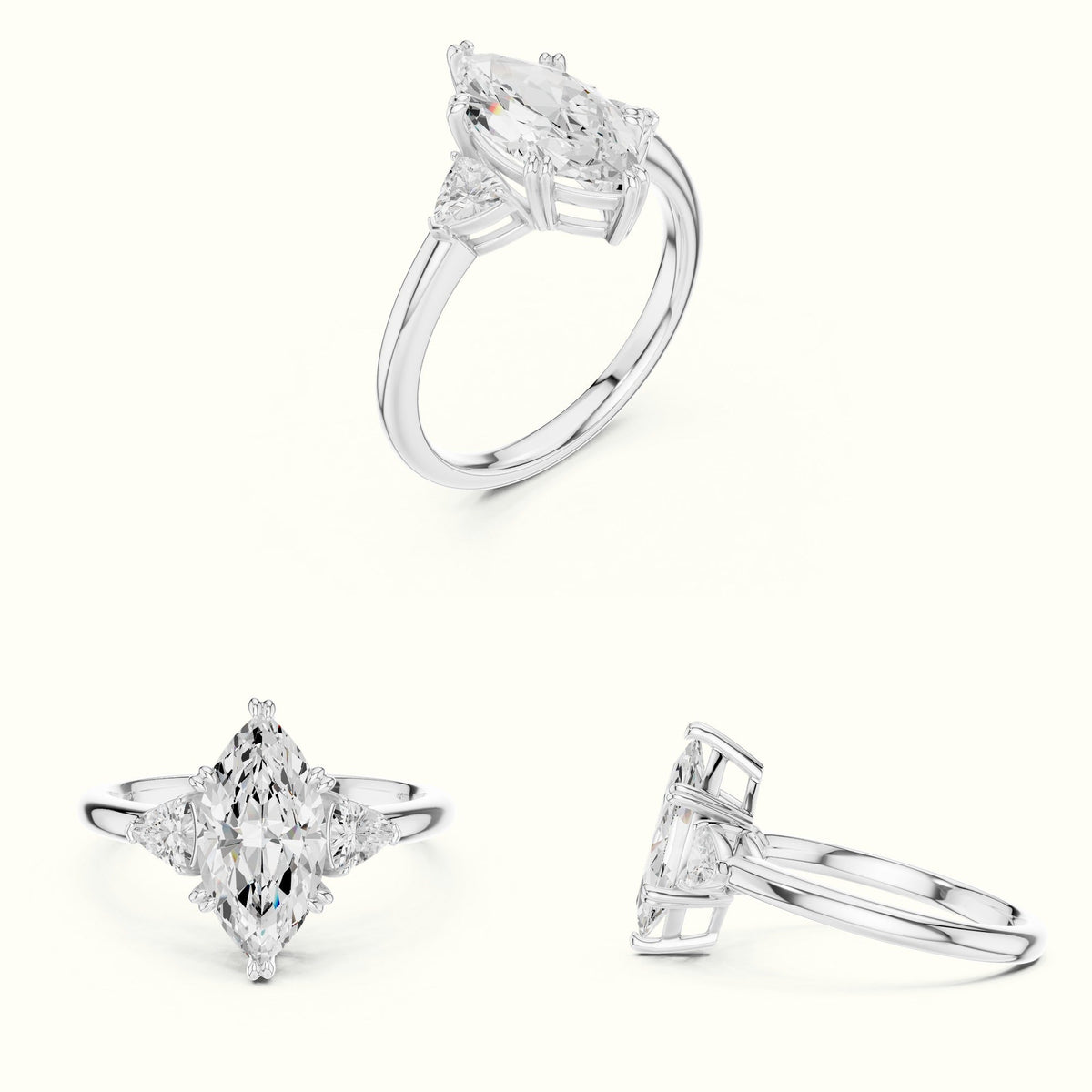 Marquise Basket Set Lab-Grown Diamond Three Stone Ring — White gold, on the hand | Crystal N Cuts