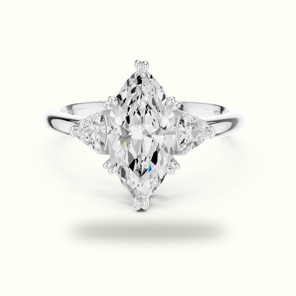 Marquise Basket Set Lab-Grown Diamond Three Stone Ring — White gold, front view | Crystal N Cuts