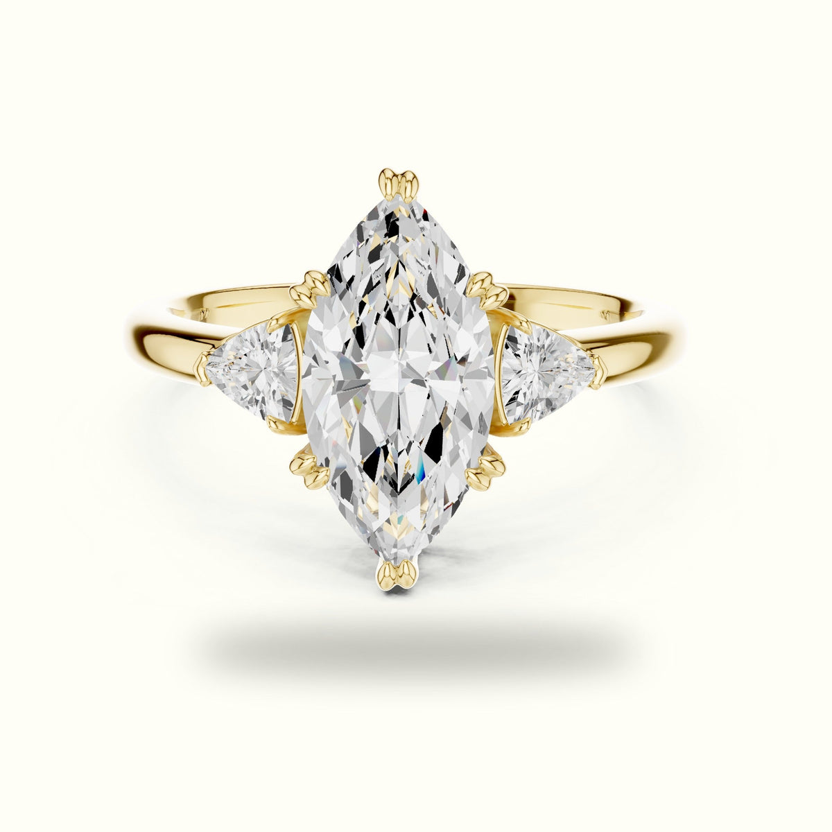 Marquise Basket Set Lab-Grown Diamond Three Stone Ring — Yellow gold, front view | Crystal N Cuts