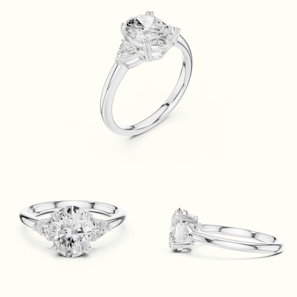 Oval Basket Lab-Grown Diamond Three-Stone Ring — White gold, on the hand | Crystal N Cuts