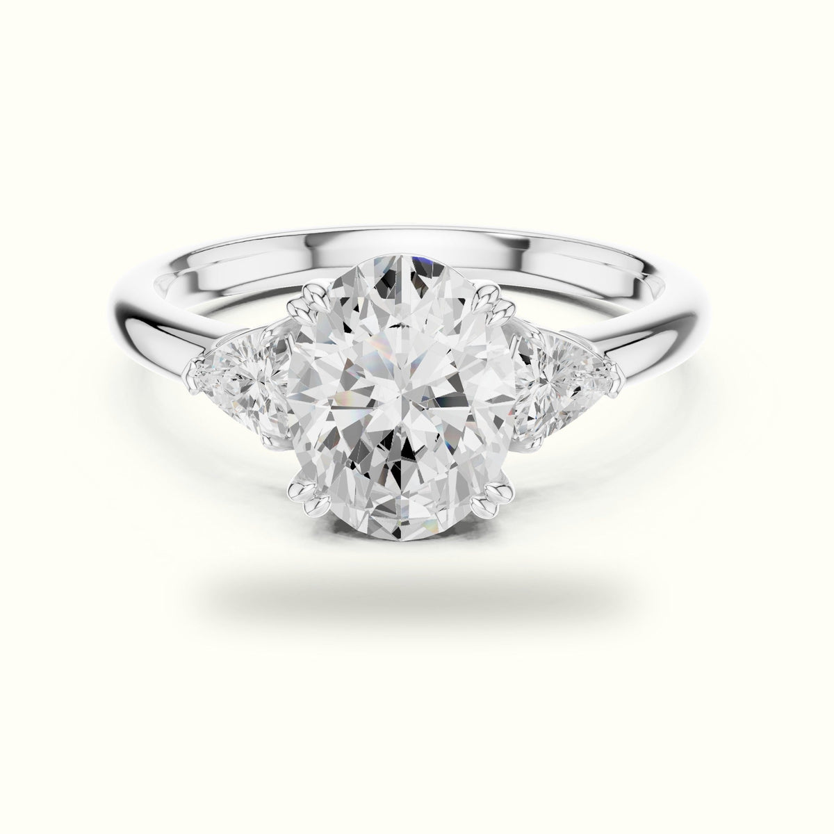 Oval Basket Lab-Grown Diamond Three-Stone Ring — White gold, front view | Crystal N Cuts