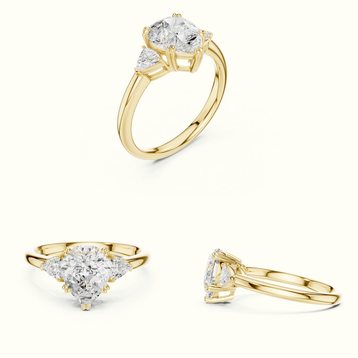 Pear Basket Lab-Grown Diamond Three Stone Ring — Yellow gold, on the hand | Crystal N Cuts