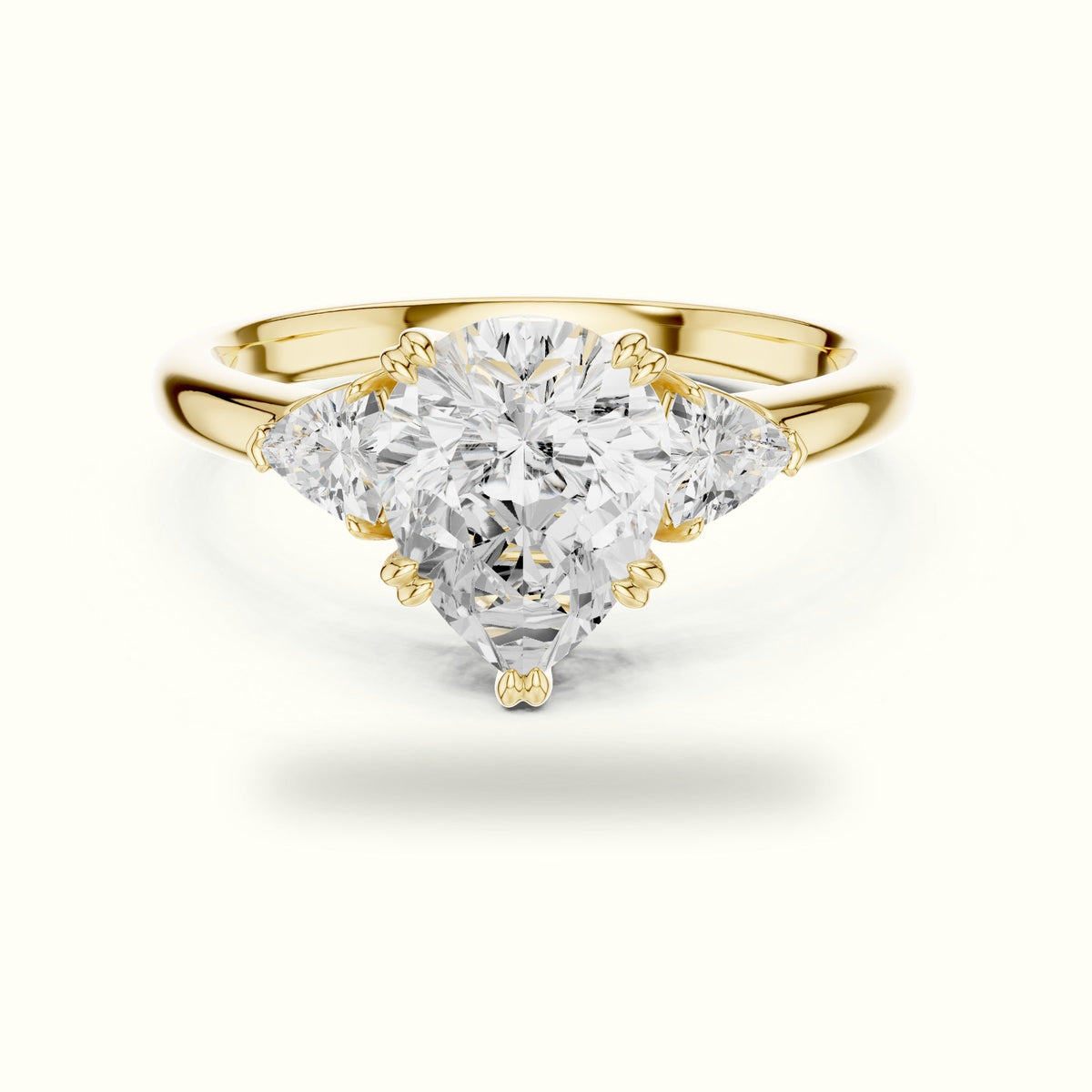 Pear Basket Lab-Grown Diamond Three Stone Ring — Yellow gold, front view | Crystal N Cuts