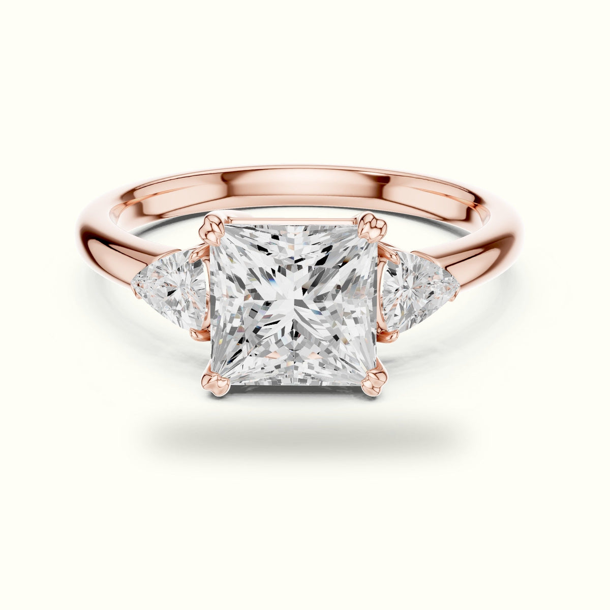 Princess Three-Stone Basket Lab-Grown Diamond Ring — Rose gold, front view | Crystal N Cuts