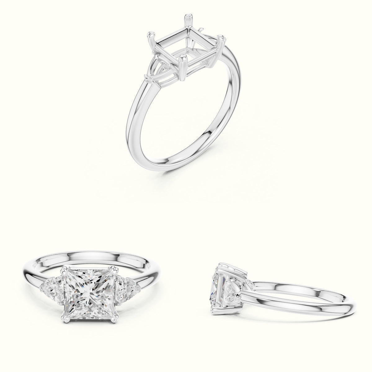 Princess Three-Stone Basket Lab-Grown Diamond Ring — White gold, on the hand | Crystal N Cuts