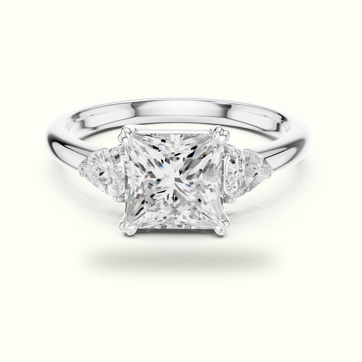 Princess Three-Stone Basket Lab-Grown Diamond Ring — White gold, front view | Crystal N Cuts
