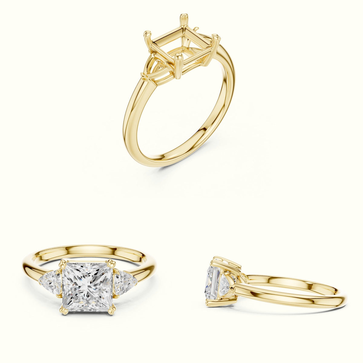 Princess Three-Stone Basket Lab-Grown Diamond Ring — Yellow gold, on the hand | Crystal N Cuts