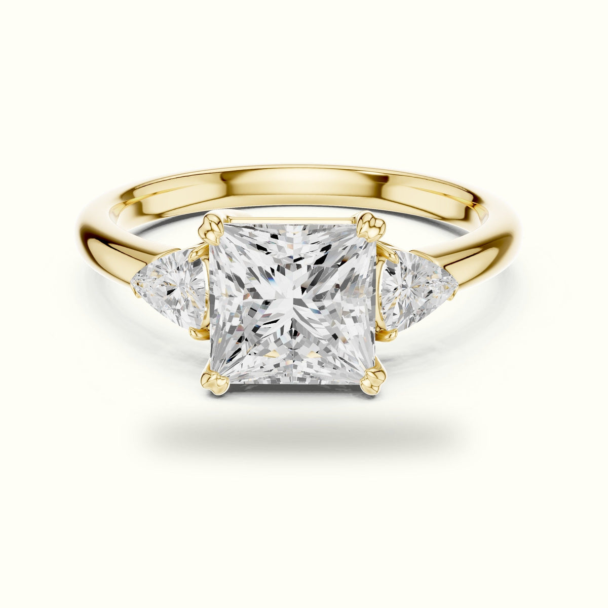 Princess Three-Stone Basket Lab-Grown Diamond Ring — Yellow gold, front view | Crystal N Cuts