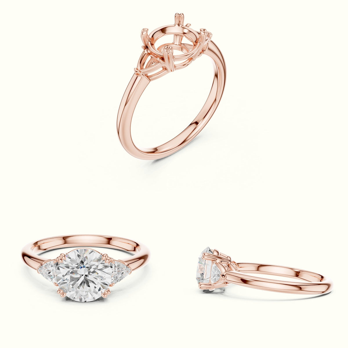 Round Three-Stone Lab-Grown Diamond Ring — Rose gold, on the hand | Crystal N Cuts