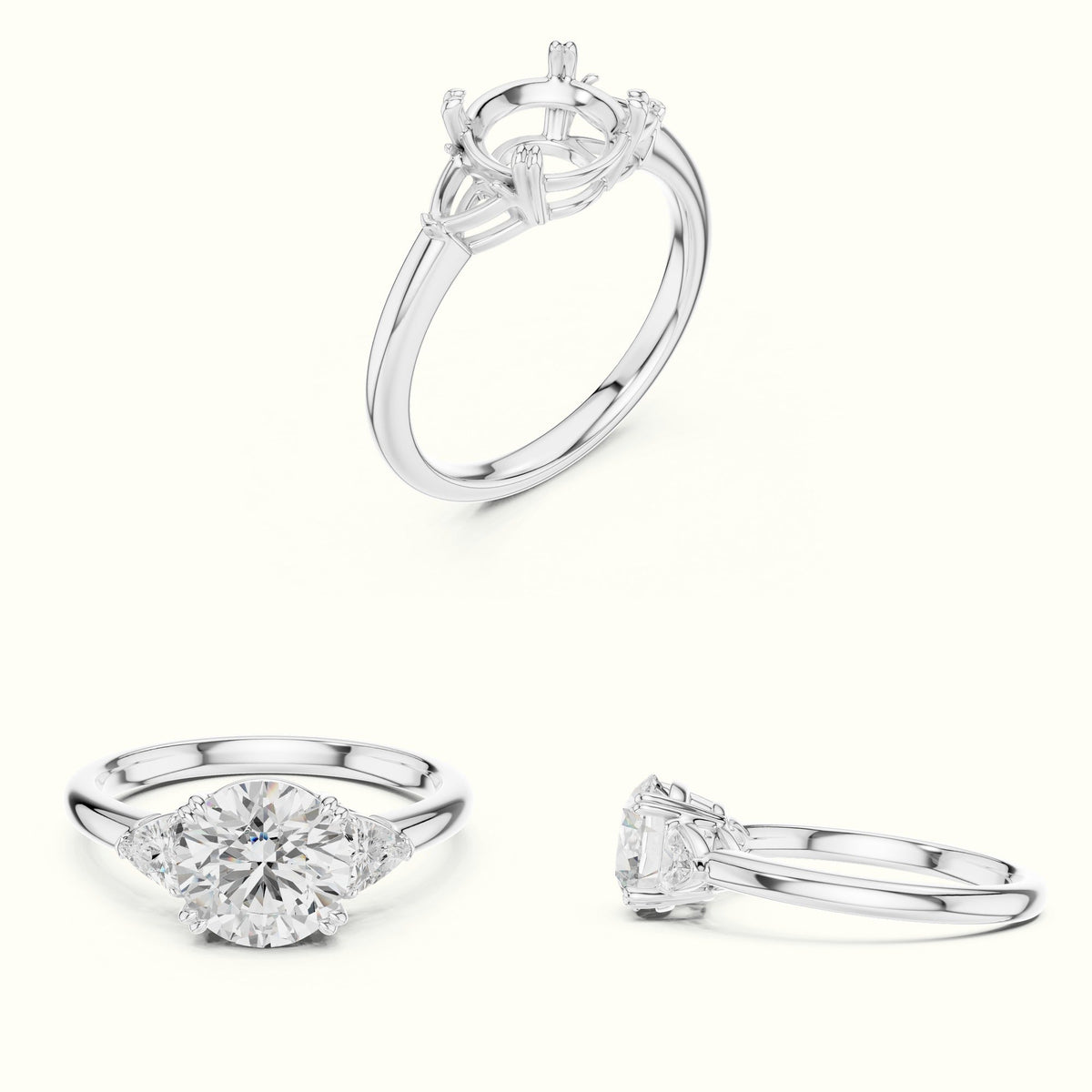 Round Three-Stone Lab-Grown Diamond Ring — White gold, on the hand | Crystal N Cuts