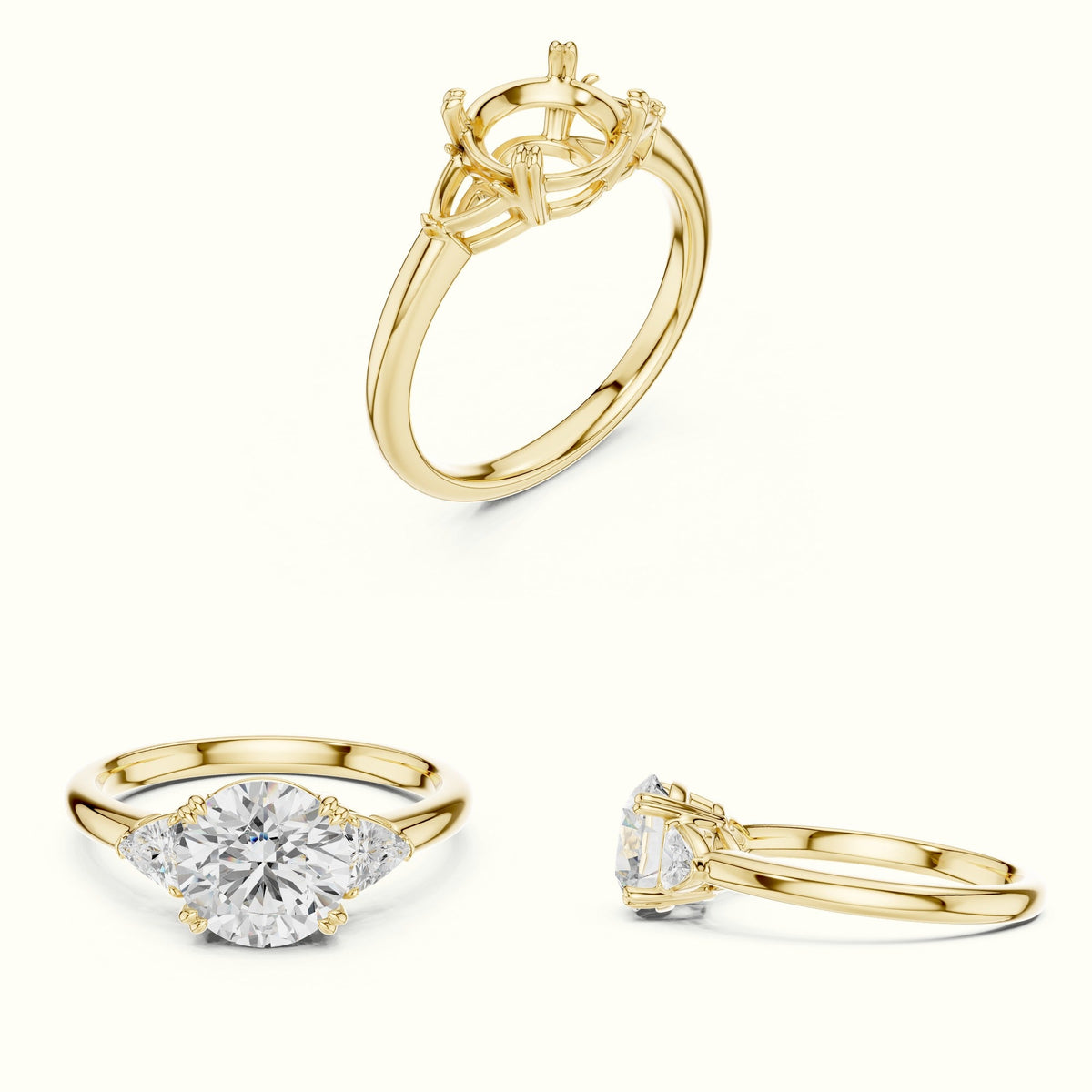 Round Three-Stone Lab-Grown Diamond Ring — Yellow gold, on the hand | Crystal N Cuts