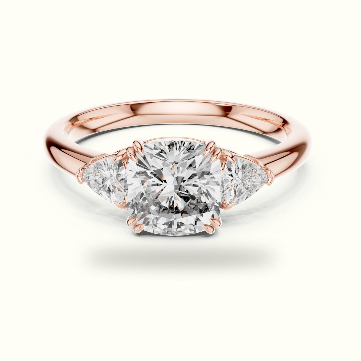 Cushion Three Stone Basket Lab-Grown Diamond Ring — Rose gold, front view | Crystal N Cuts