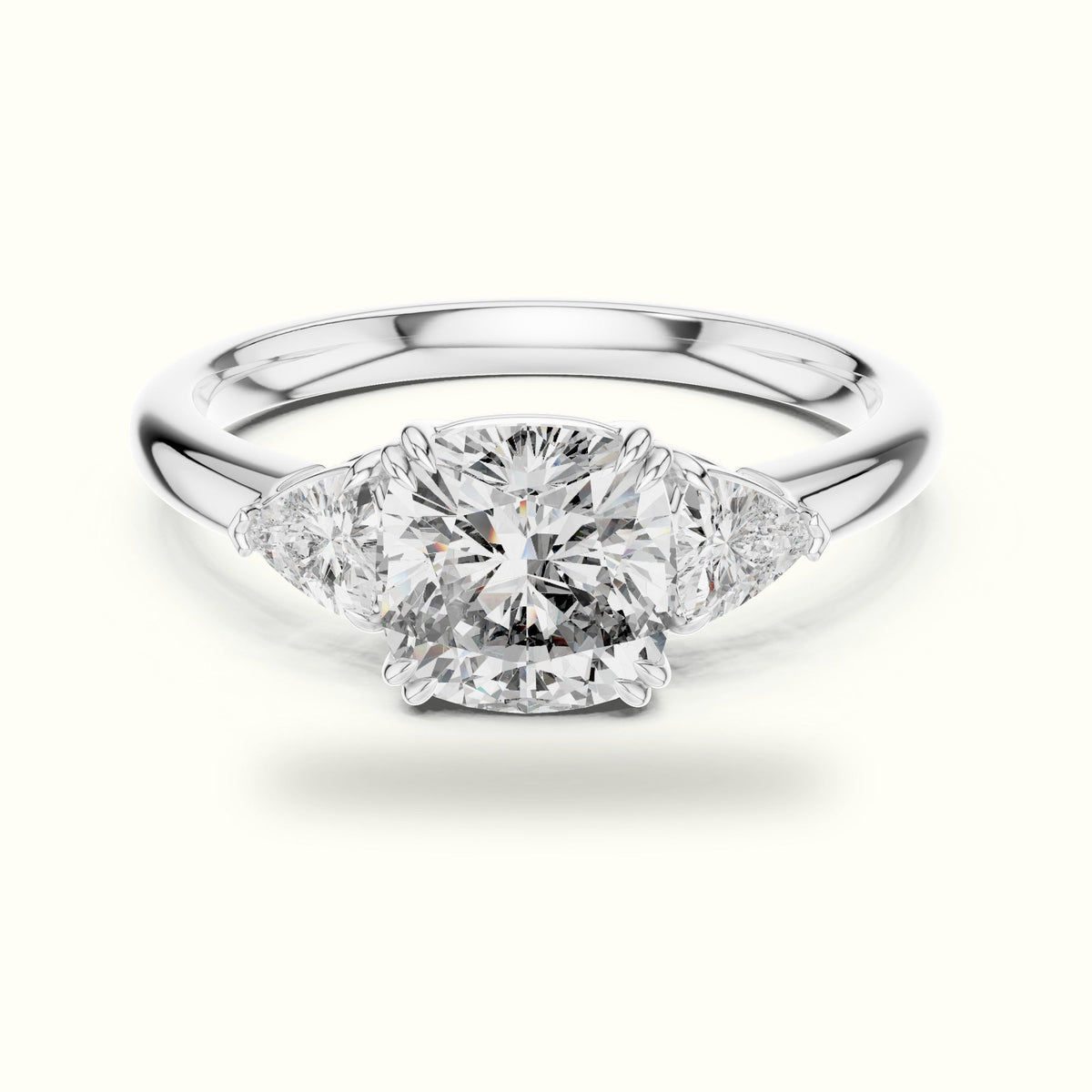 Cushion Three Stone Basket Lab-Grown Diamond Ring — White gold, front view | Crystal N Cuts