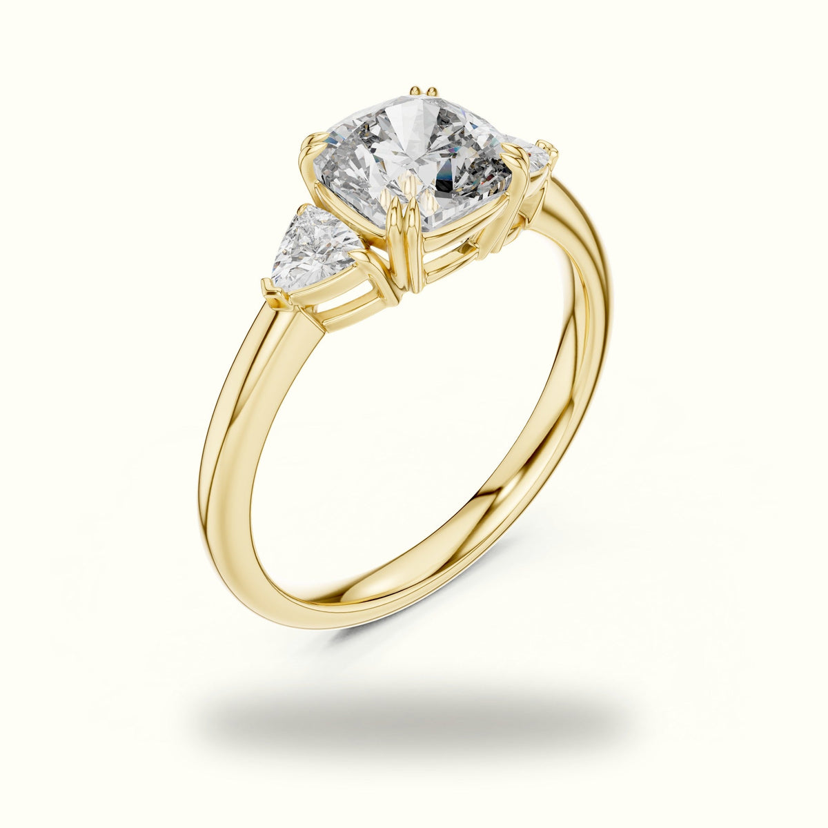 Cushion Three Stone Basket Lab-Grown Diamond Ring — Yellow gold, view 2 | Crystal N Cuts