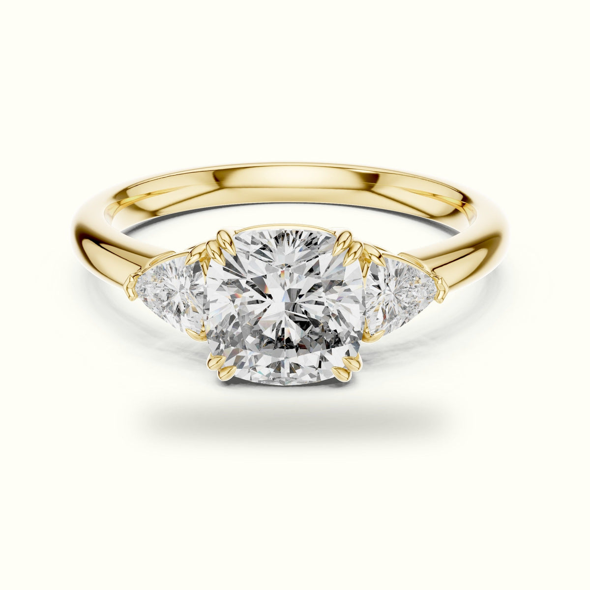 Cushion Three Stone Basket Lab-Grown Diamond Ring — Yellow gold, front view | Crystal N Cuts