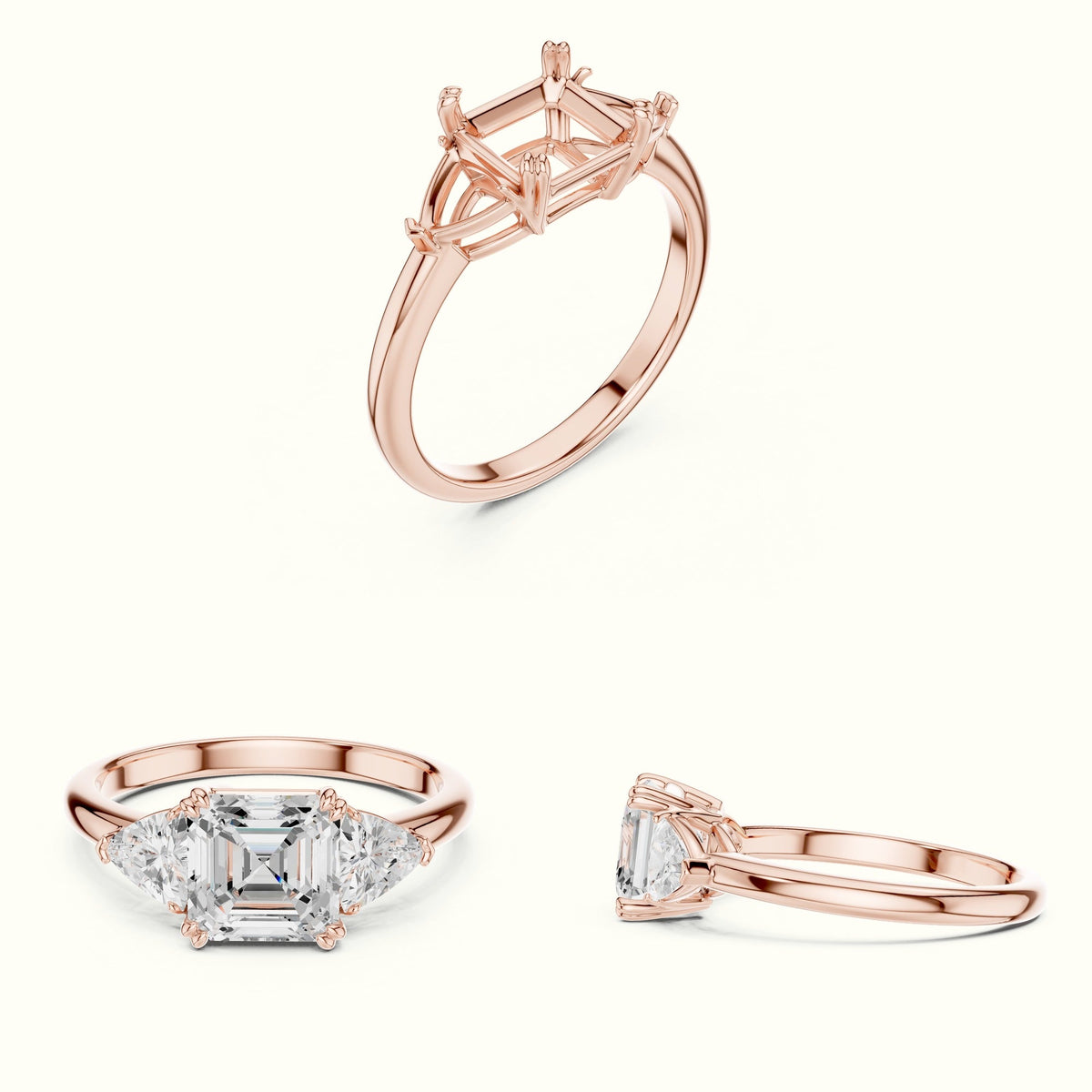 Asscher Cut Three Stone Basket Lab-Grown Diamond Ring — Rose gold, on the hand | Crystal N Cuts