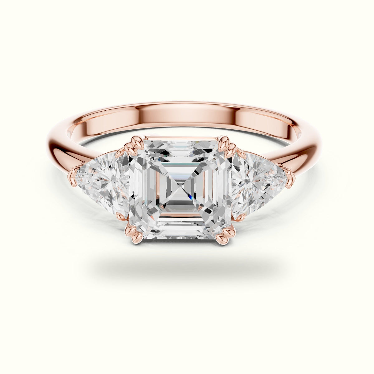 Asscher Cut Three Stone Basket Lab-Grown Diamond Ring — Rose gold, front view | Crystal N Cuts