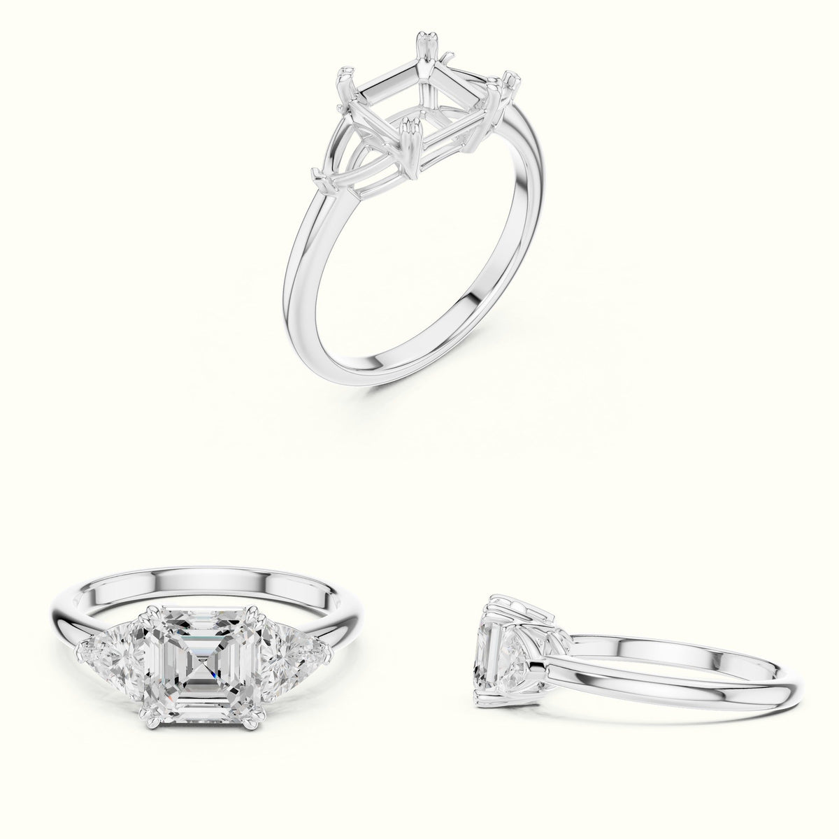 Asscher Cut Three Stone Basket Lab-Grown Diamond Ring — White gold, on the hand | Crystal N Cuts