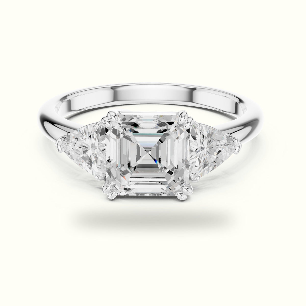 Asscher Cut Three Stone Basket Lab-Grown Diamond Ring — White gold, front view | Crystal N Cuts