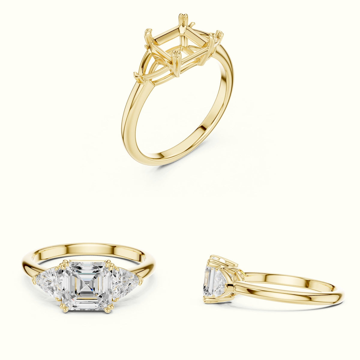 Asscher Cut Three Stone Basket Lab-Grown Diamond Ring — Yellow gold, on the hand | Crystal N Cuts