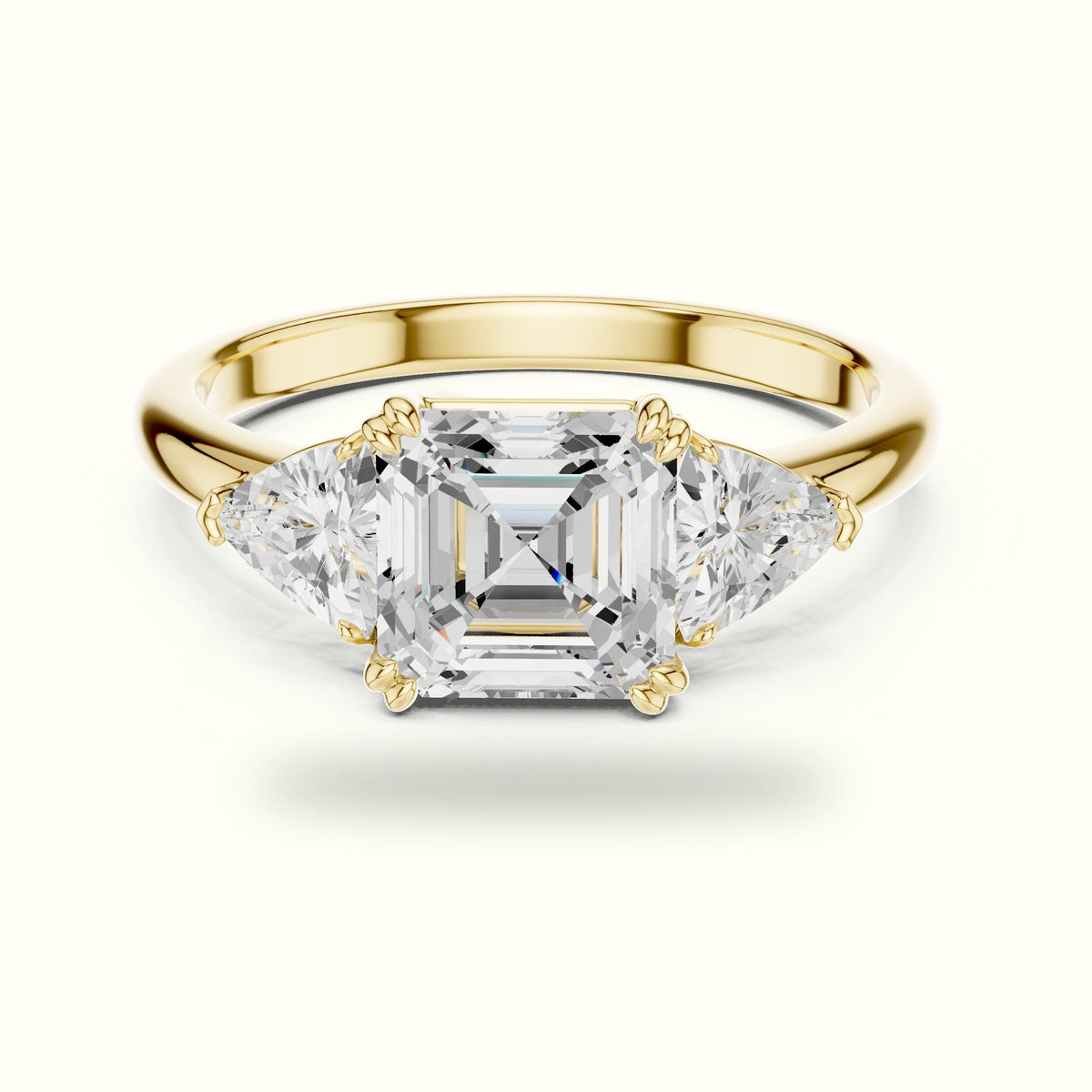 Asscher Cut Three Stone Basket Lab-Grown Diamond Ring — Yellow gold, front view | Crystal N Cuts
