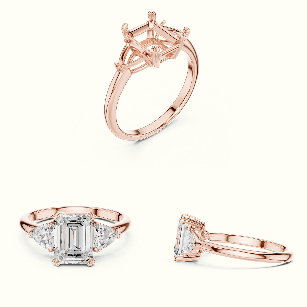 Emerald Three Stone Lab-Grown Diamond Ring — Rose gold, on the hand | Crystal N Cuts