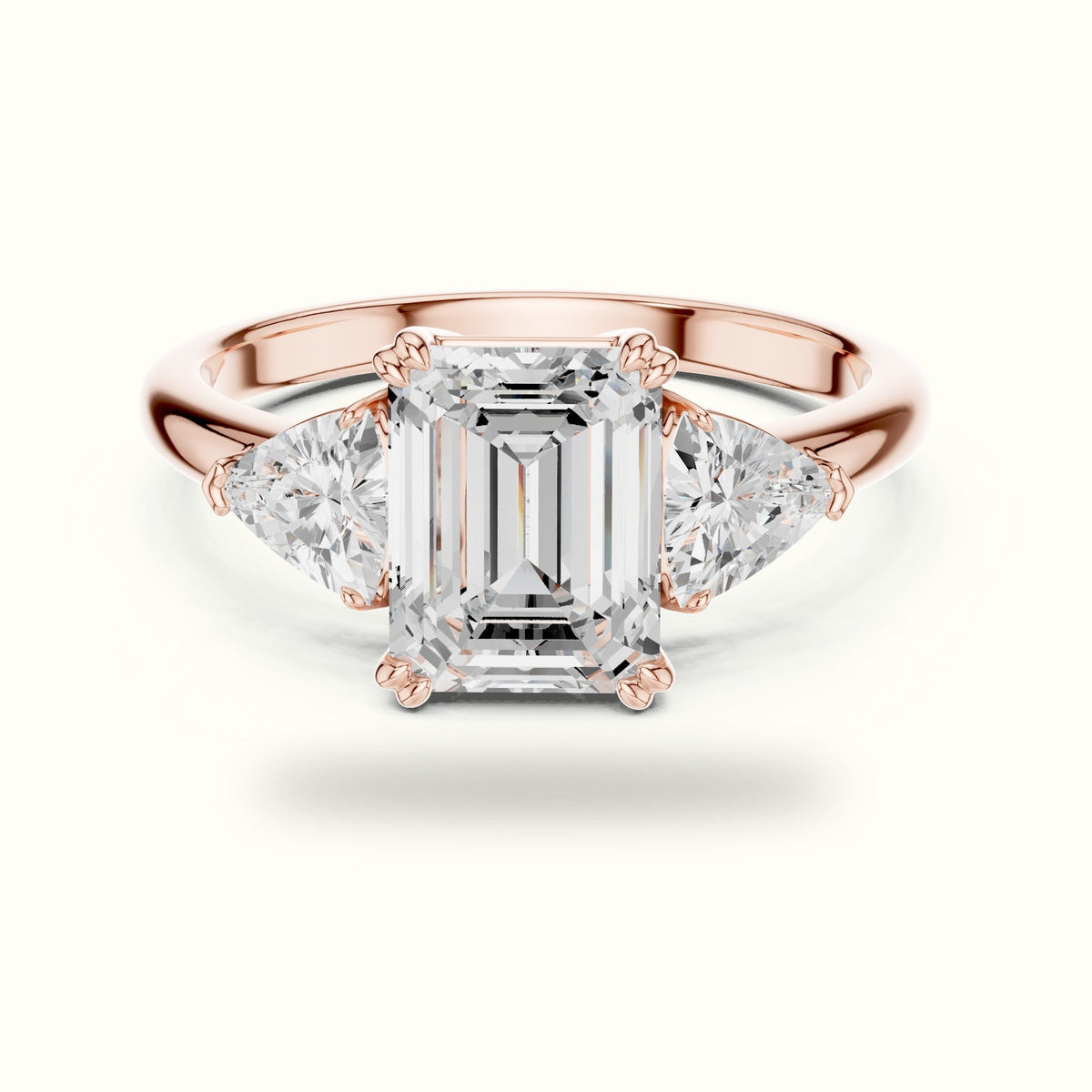 Emerald Three Stone Lab-Grown Diamond Ring — Rose gold, front view | Crystal N Cuts