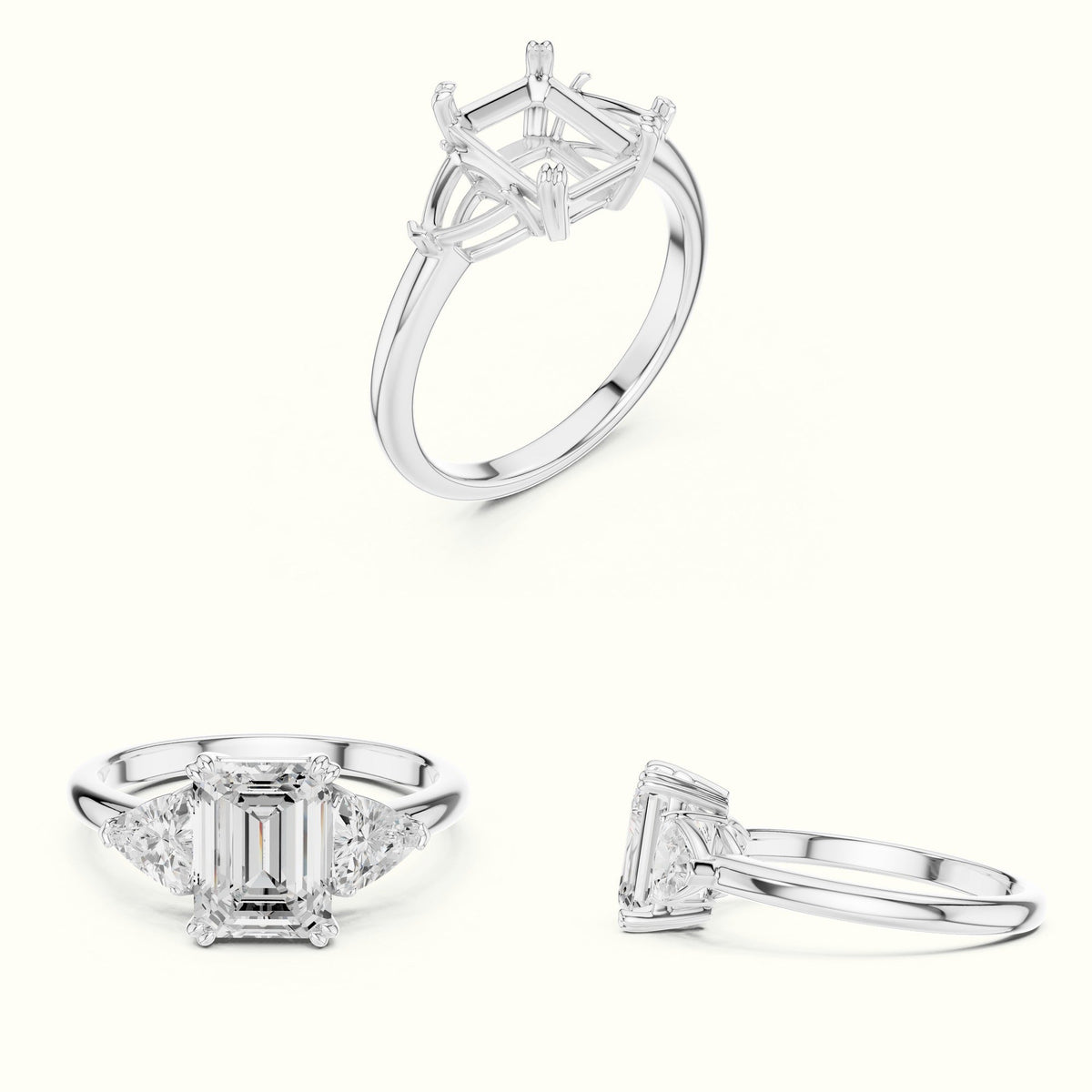 Emerald Three Stone Lab-Grown Diamond Ring — White gold, on the hand | Crystal N Cuts