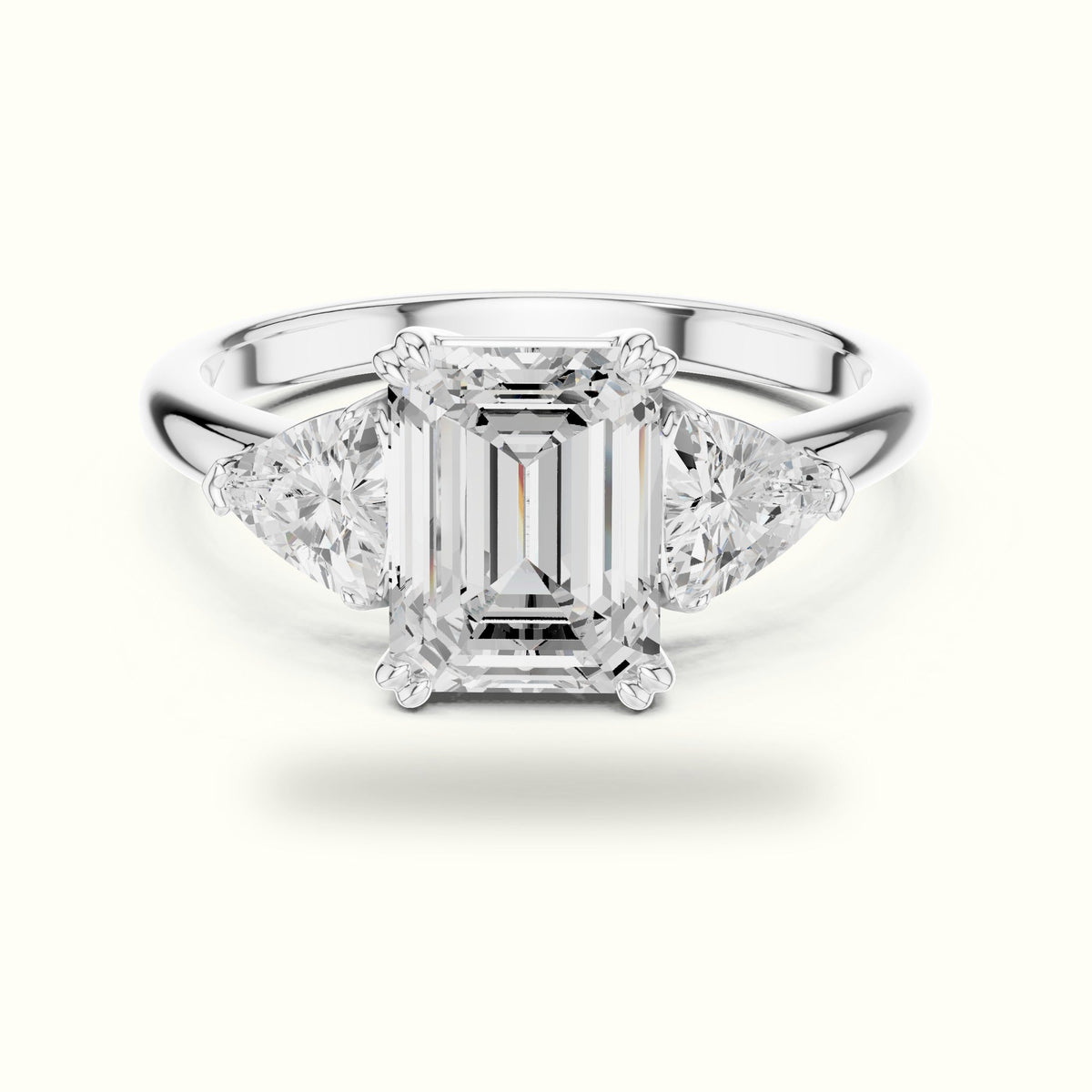 Emerald Three Stone Lab-Grown Diamond Ring — White gold, front view | Crystal N Cuts
