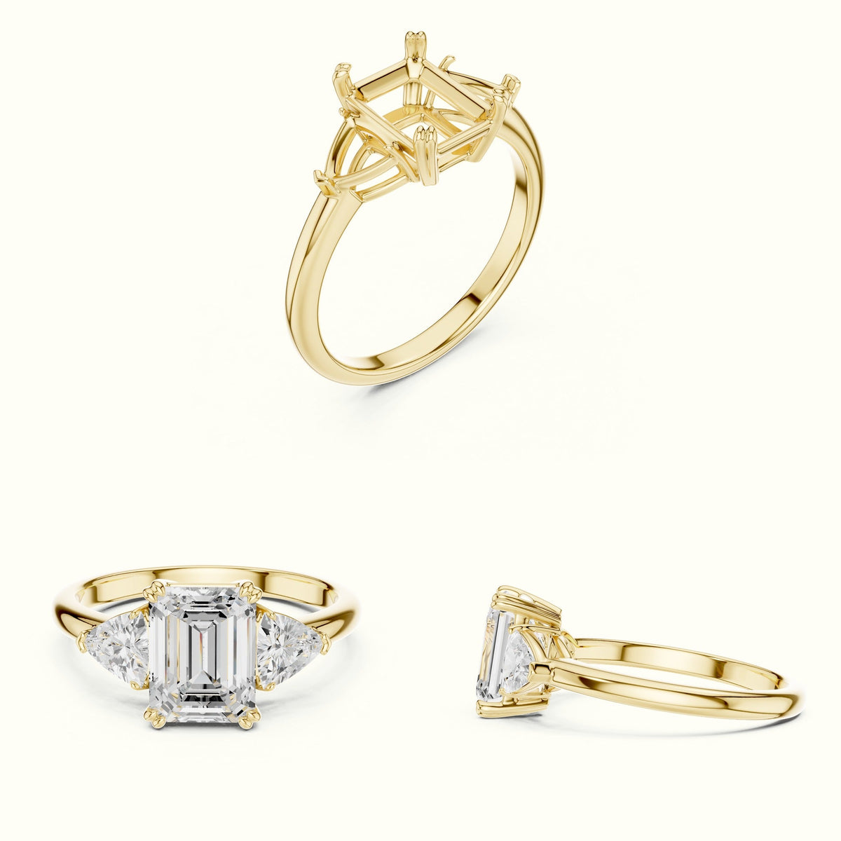 Emerald Three Stone Lab-Grown Diamond Ring — Yellow gold, on the hand | Crystal N Cuts