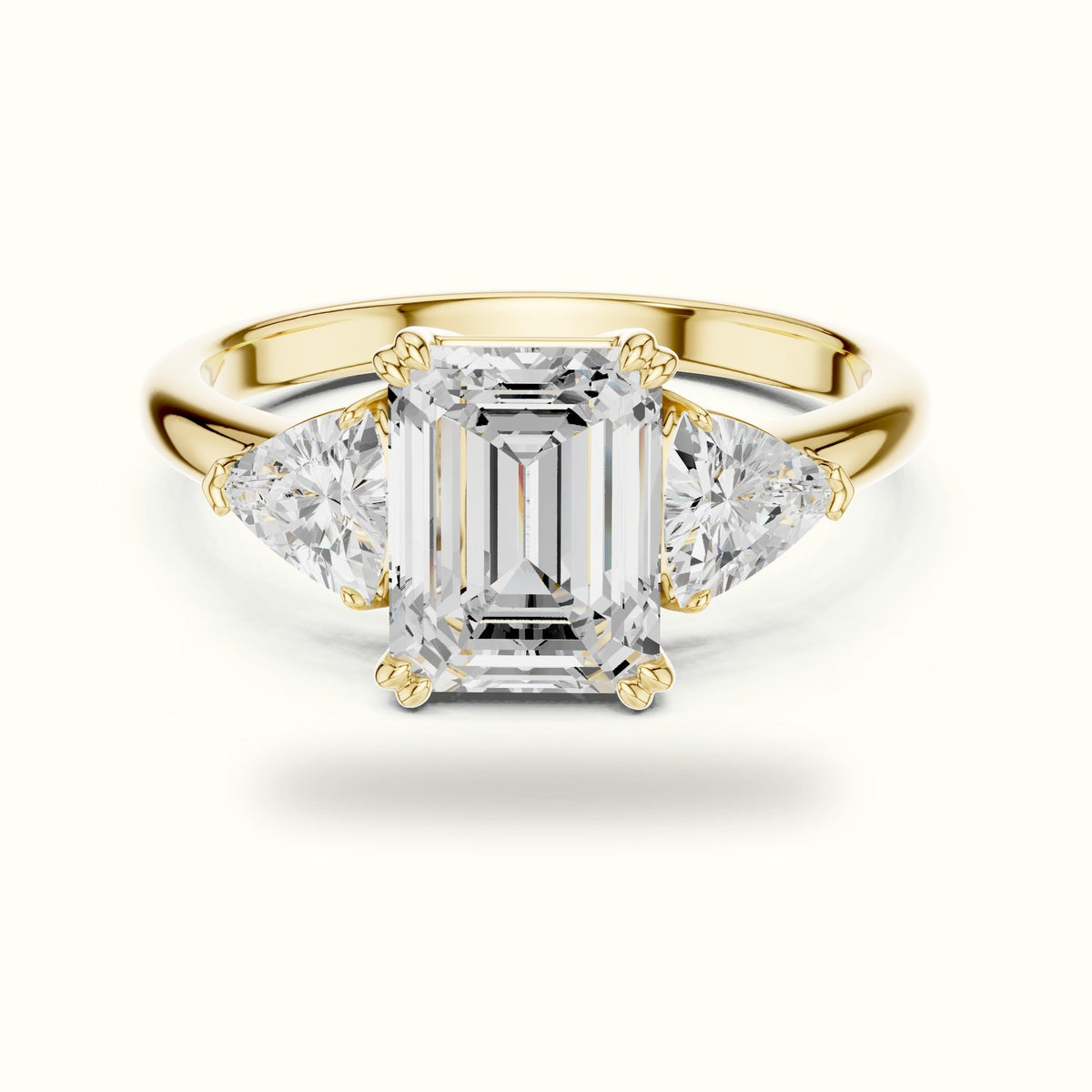 Emerald Three Stone Lab-Grown Diamond Ring — Yellow gold, front view | Crystal N Cuts
