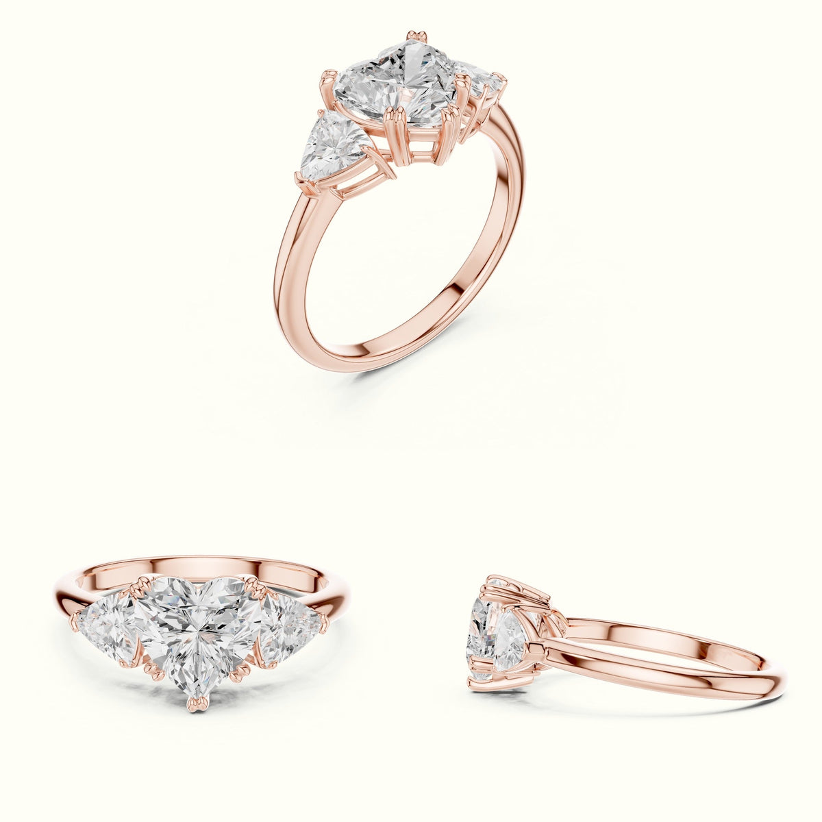 Heart Three-Stone Lab-Grown Diamond Ring — Rose gold, on the hand | Crystal N Cuts