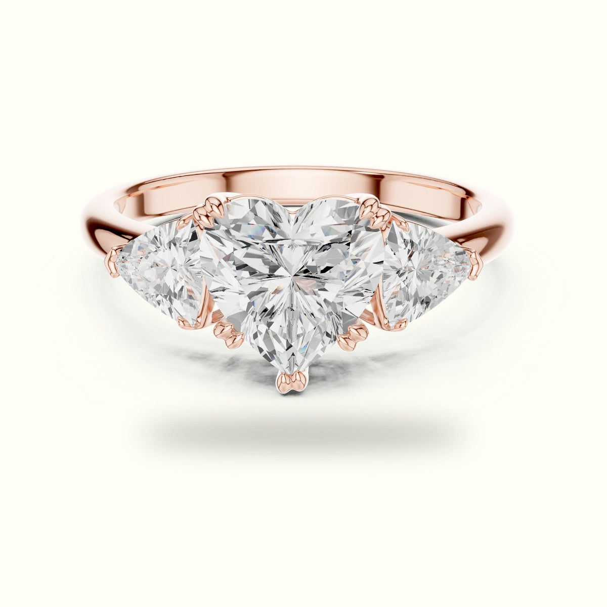 Heart Three-Stone Lab-Grown Diamond Ring — Rose gold, front view | Crystal N Cuts