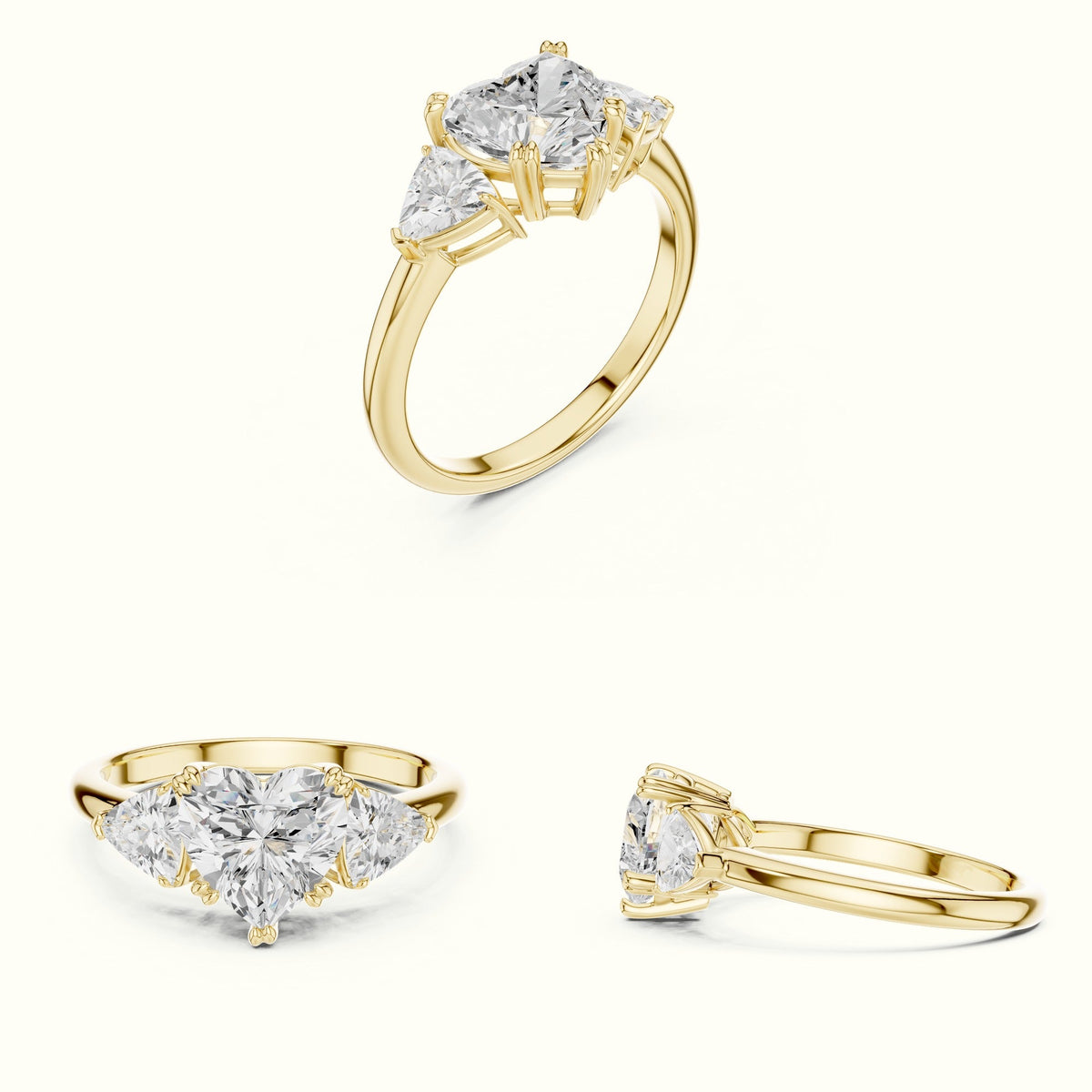Heart Three-Stone Lab-Grown Diamond Ring — Yellow gold, on the hand | Crystal N Cuts