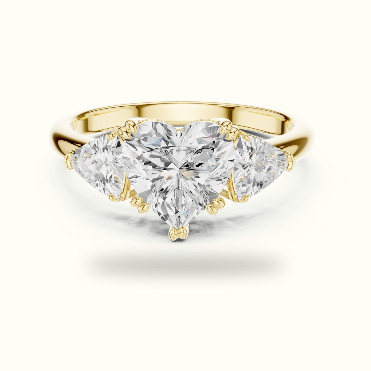 Heart Three-Stone Lab-Grown Diamond Ring — Yellow gold, front view | Crystal N Cuts