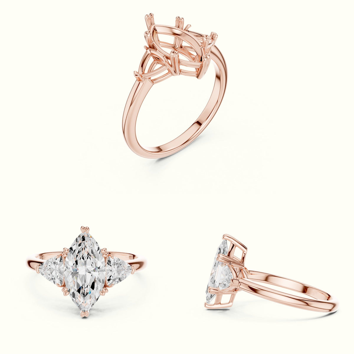Marquise Basket Lab-Grown Diamond Three Stone Ring — Rose gold, on the hand | Crystal N Cuts
