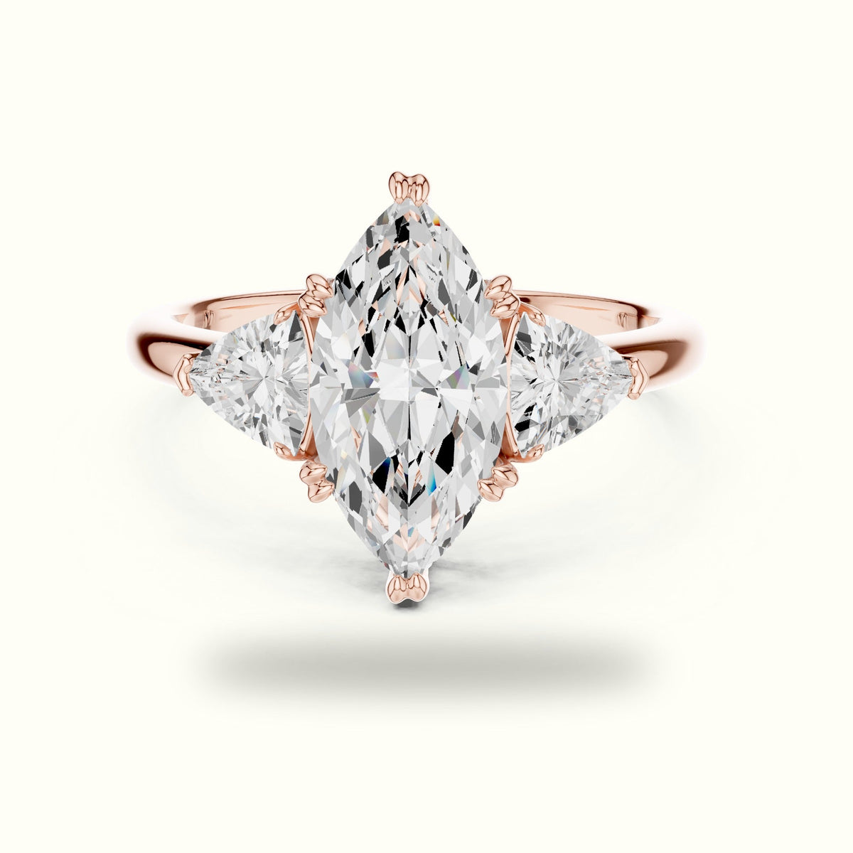 Marquise Basket Lab-Grown Diamond Three Stone Ring — Rose gold, front view | Crystal N Cuts