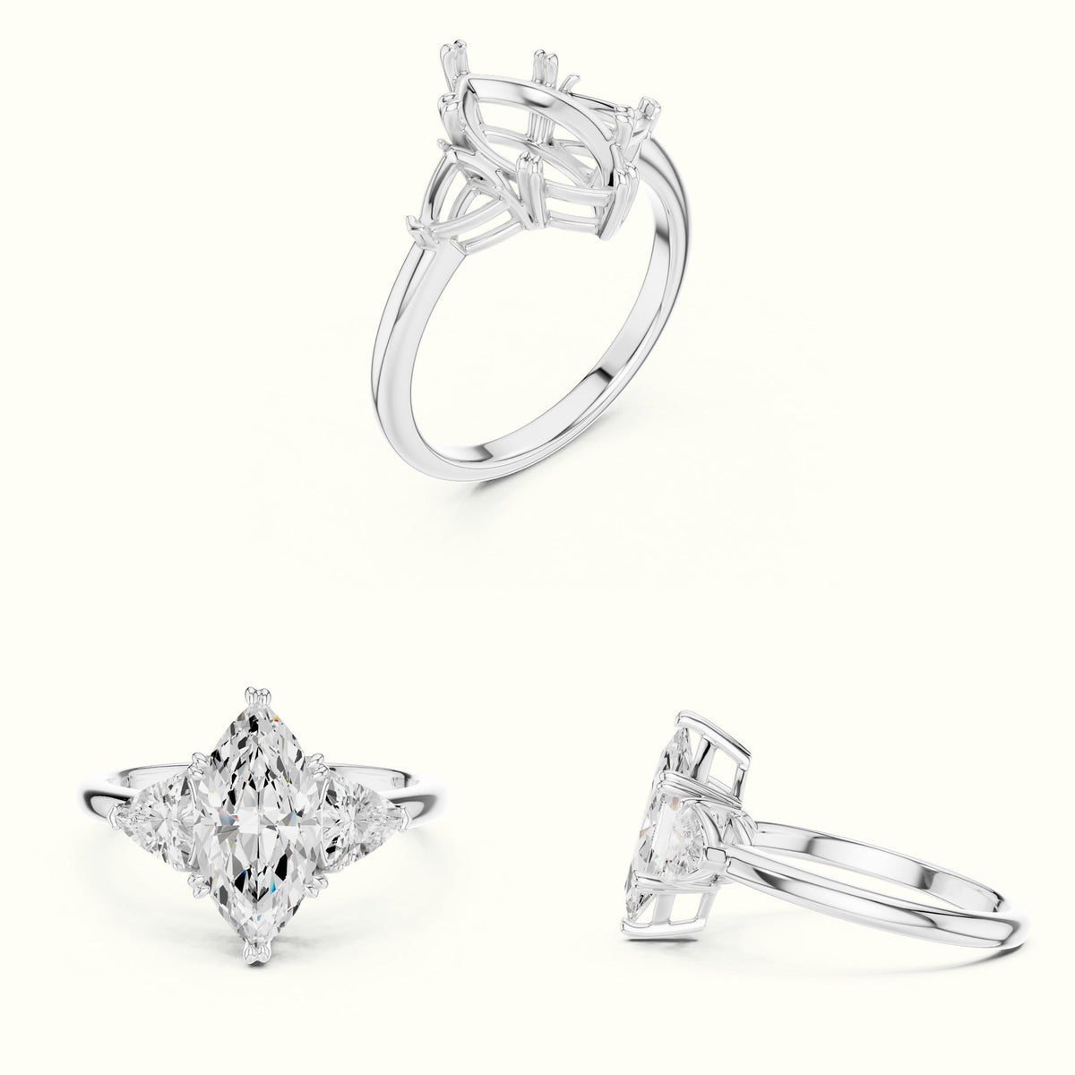 Marquise Basket Lab-Grown Diamond Three Stone Ring — White gold, on the hand | Crystal N Cuts