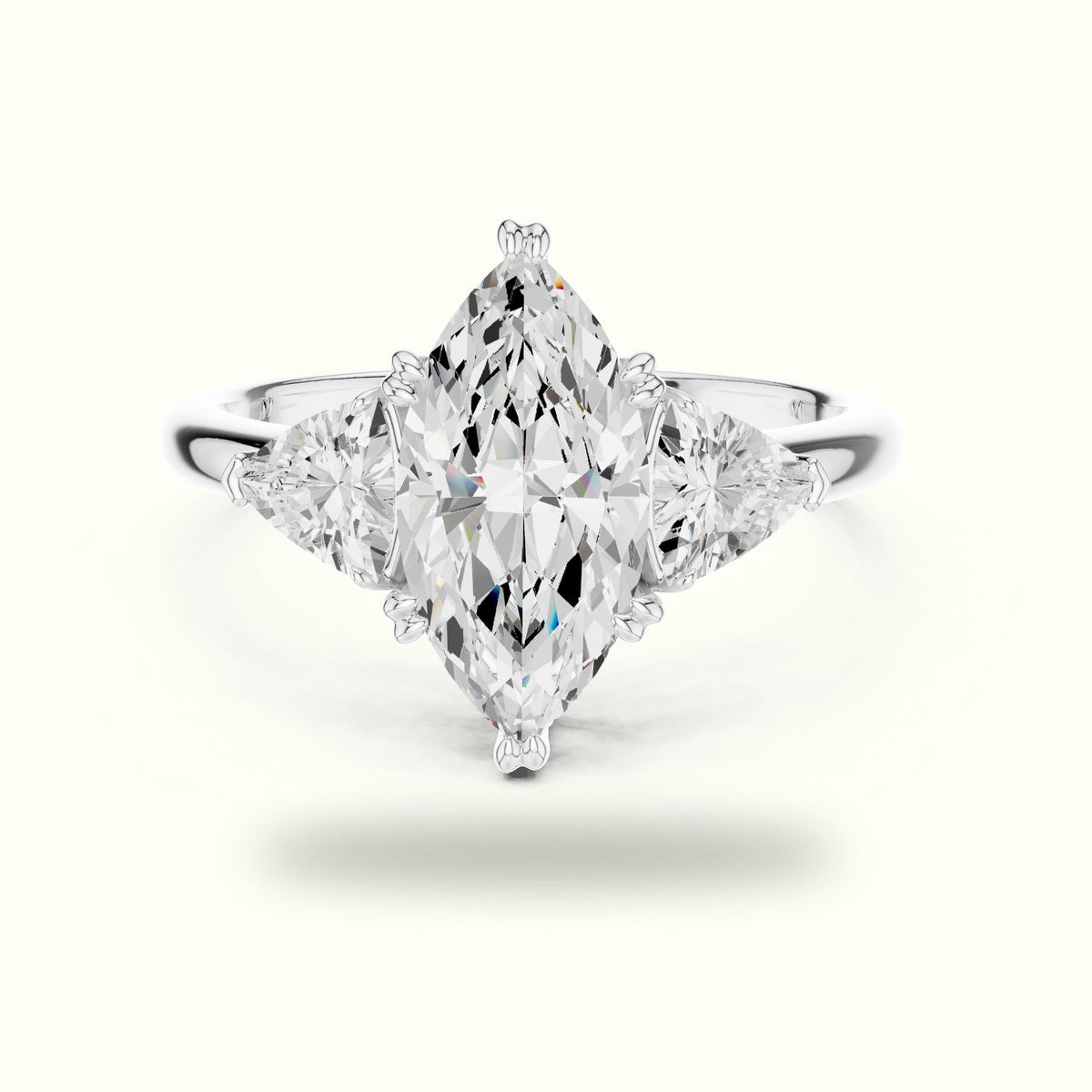 Marquise Basket Lab-Grown Diamond Three Stone Ring — White gold, front view | Crystal N Cuts
