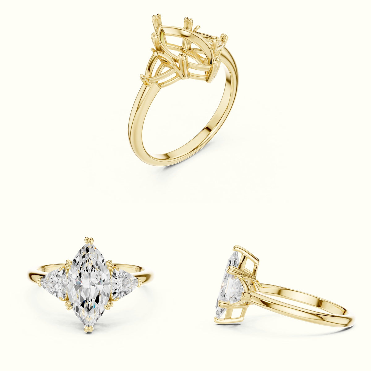 Marquise Basket Lab-Grown Diamond Three Stone Ring — Yellow gold, on the hand | Crystal N Cuts