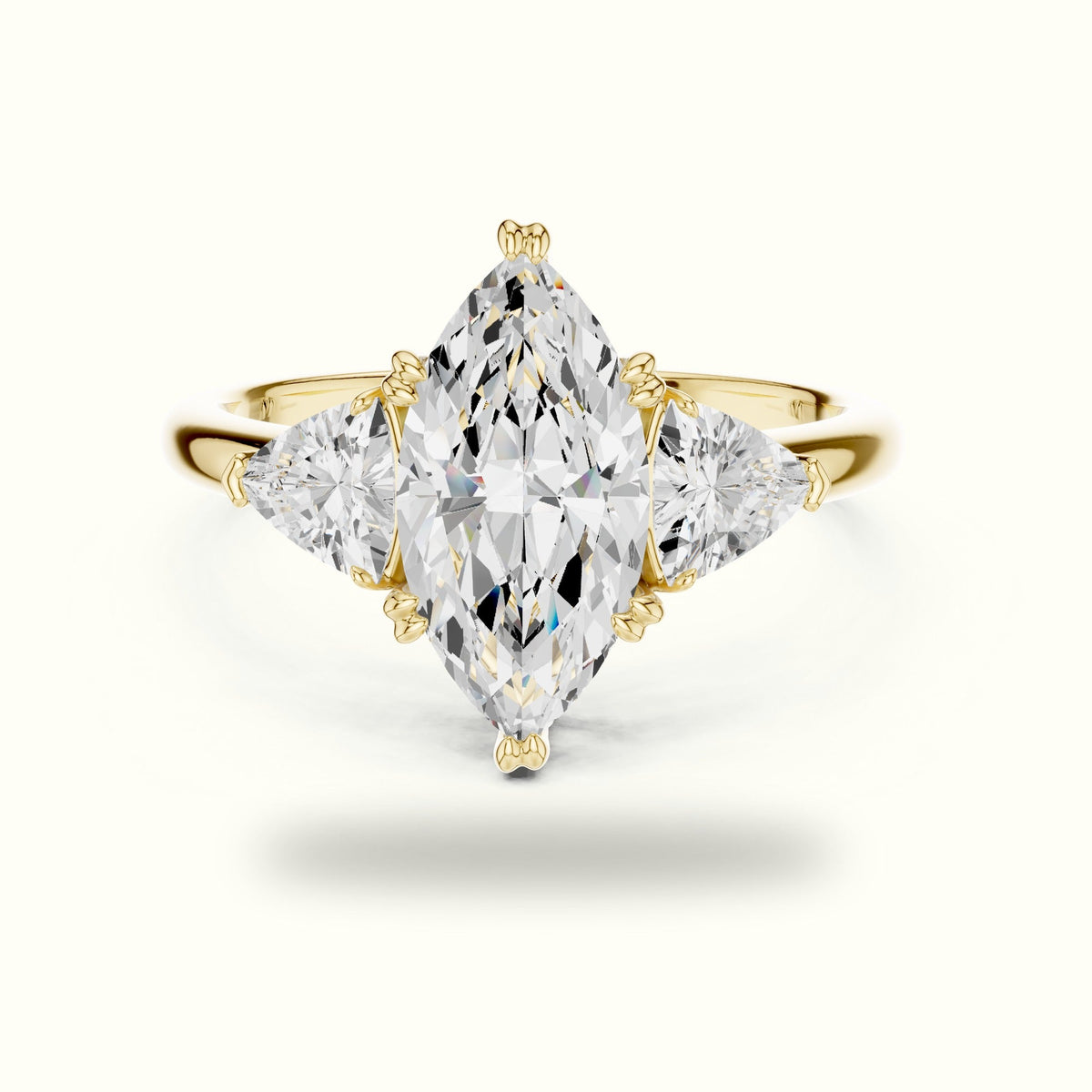 Marquise Basket Lab-Grown Diamond Three Stone Ring — Yellow gold, front view | Crystal N Cuts