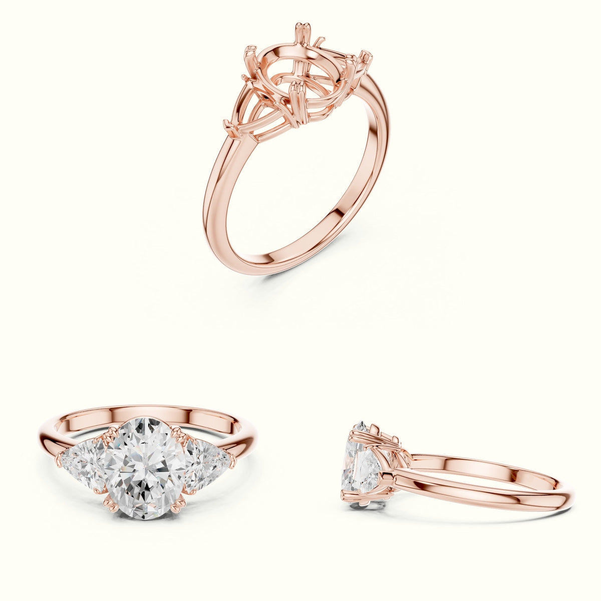 Oval Basket with Prongs Lab-Grown Diamond Three Stone Ring — Rose gold, on the hand | Crystal N Cuts