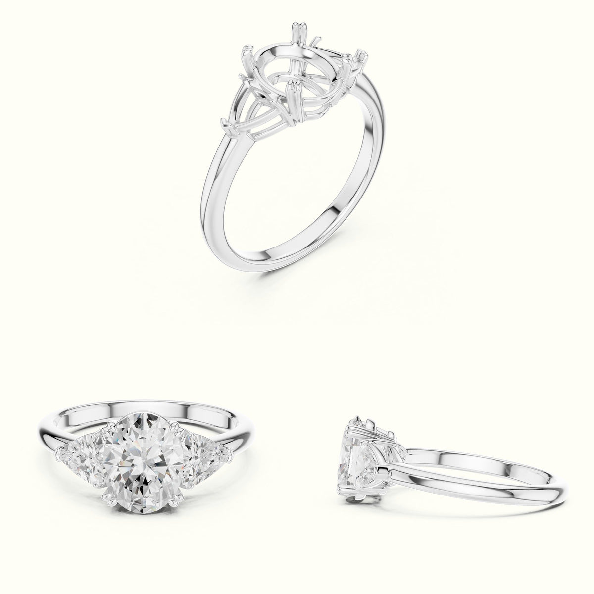 Oval Basket with Prongs Lab-Grown Diamond Three Stone Ring — White gold, on the hand | Crystal N Cuts