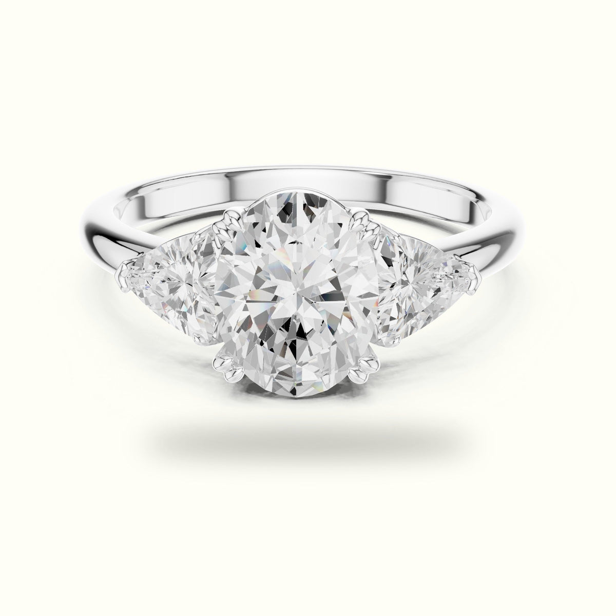 Oval Basket with Prongs Lab-Grown Diamond Three Stone Ring — White gold, front view | Crystal N Cuts