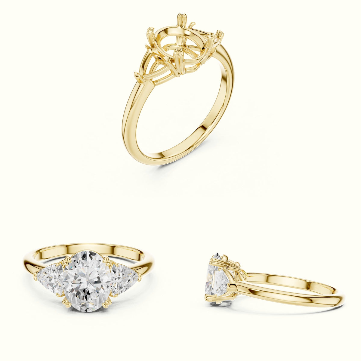 Oval Basket with Prongs Lab-Grown Diamond Three Stone Ring — Yellow gold, on the hand | Crystal N Cuts
