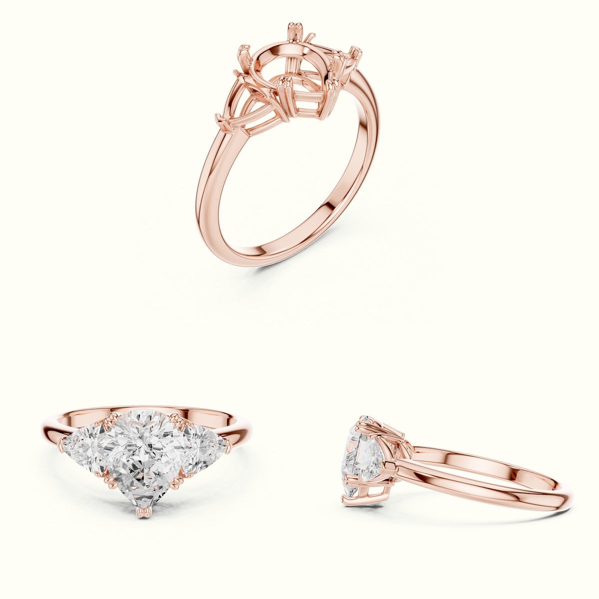 Pear Basket Lab-Grown Diamond Three Stone Ring — Rose gold, on the hand | Crystal N Cuts