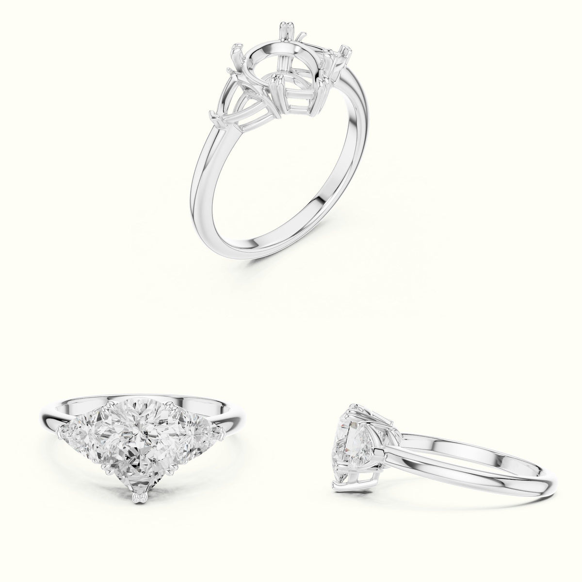 Pear Basket Lab-Grown Diamond Three Stone Ring — White gold, on the hand | Crystal N Cuts