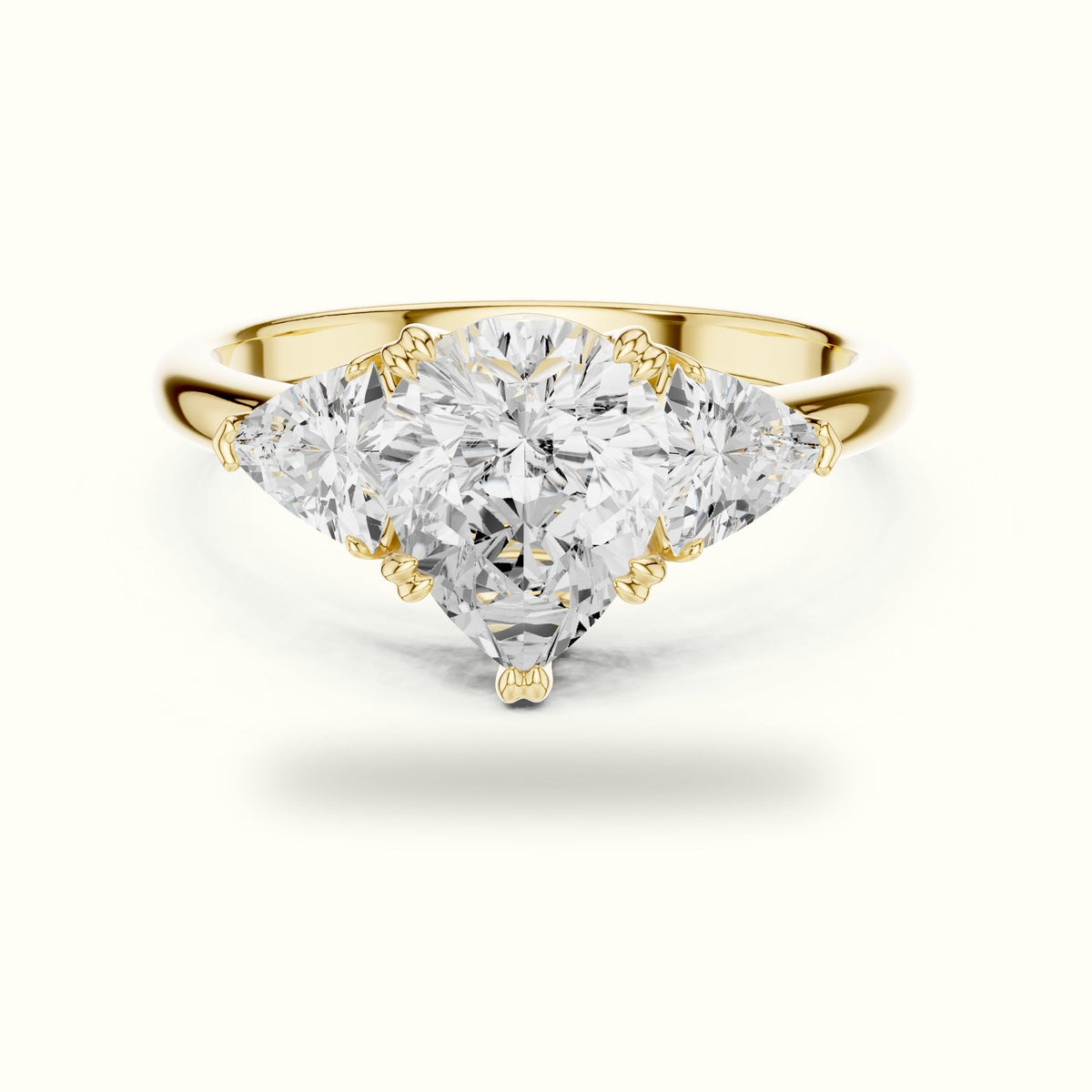 Pear Basket Lab-Grown Diamond Three Stone Ring — Yellow gold, front view | Crystal N Cuts